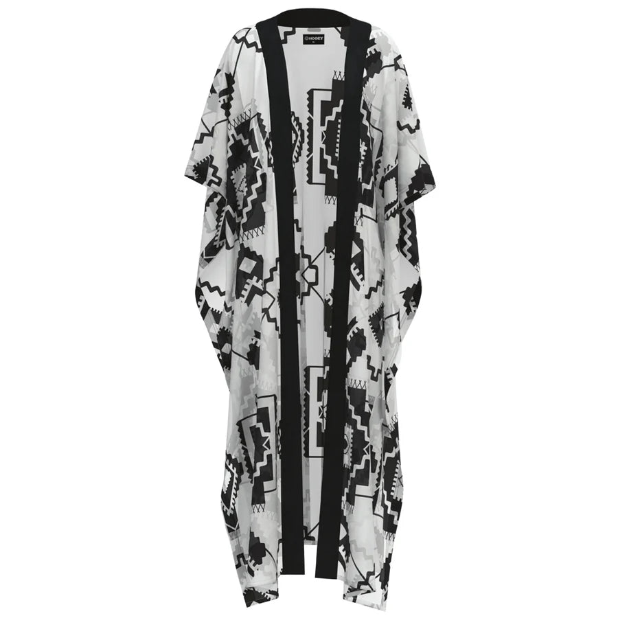 LADIES LONG KIMONO WHITE/BLACK W/AZTEC