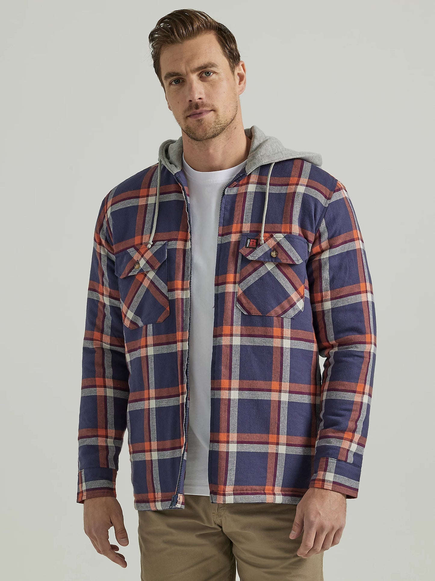 WRANGLER® RIGGS WORKWEAR® LONG SLEEVE HOODED FLANNEL WORK JACKET IN NAVY ORANGE