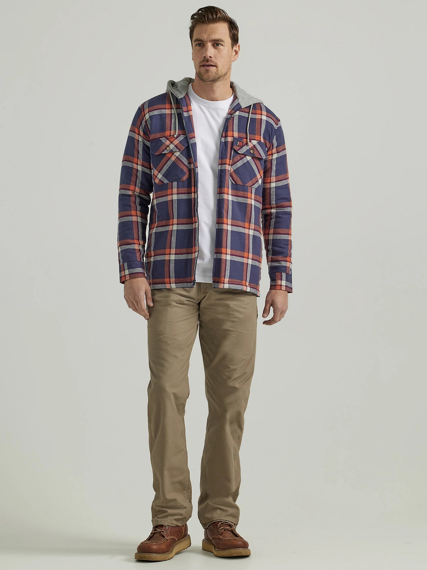 WRANGLER® RIGGS WORKWEAR® LONG SLEEVE HOODED FLANNEL WORK JACKET IN NAVY ORANGE