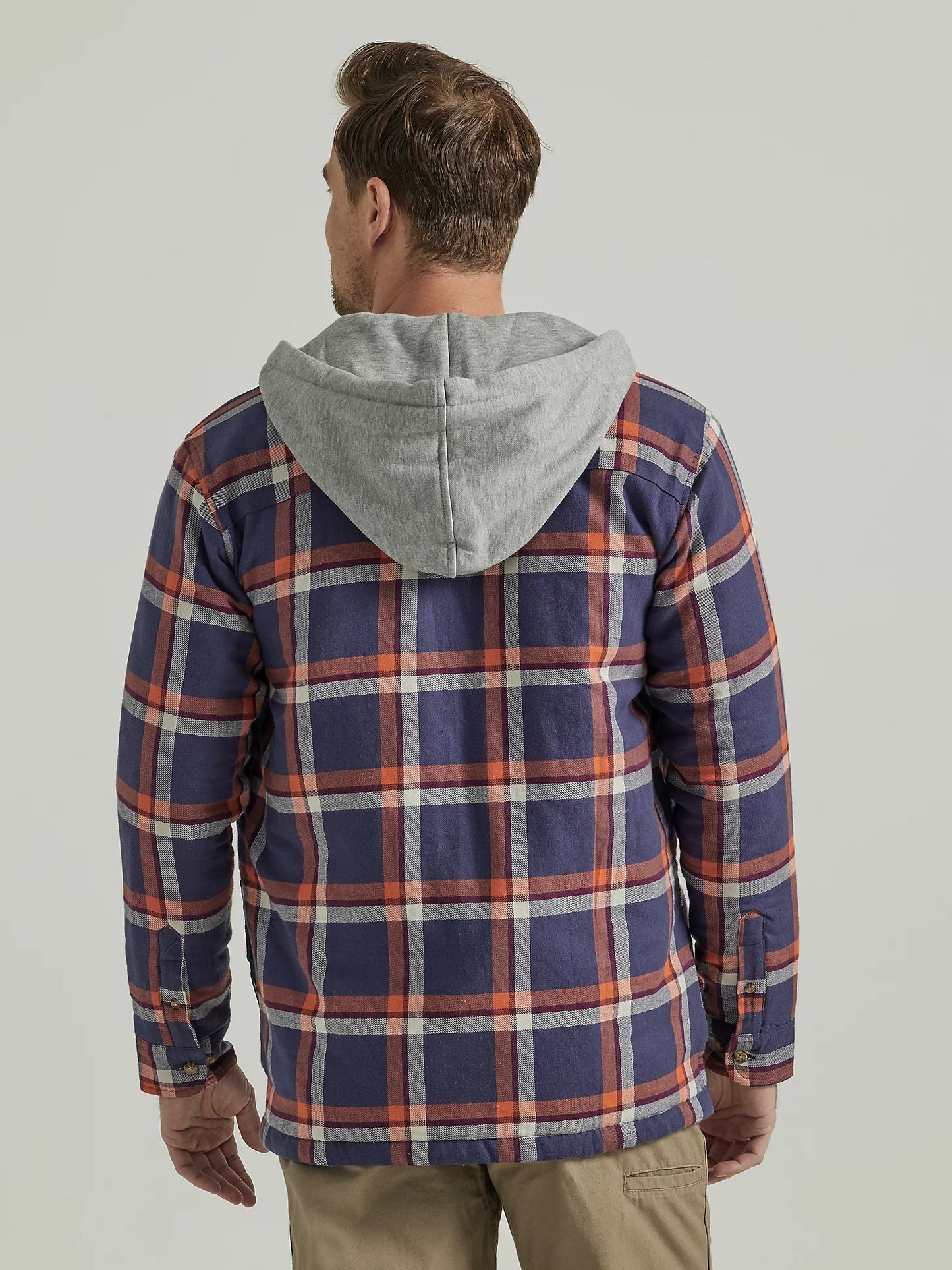 WRANGLER® RIGGS WORKWEAR® LONG SLEEVE HOODED FLANNEL WORK JACKET IN NAVY ORANGE