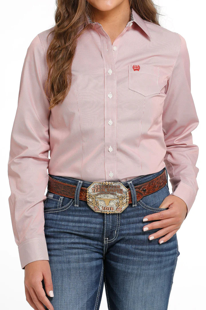 Cinch Ladies Red Micro Stripe Print Button Down Shirt