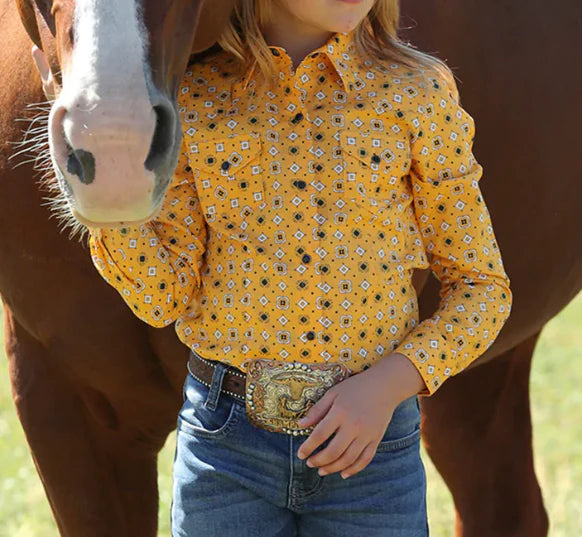 Cruel Girl Girls' Gold Print Long Sleeve Snap Shirt