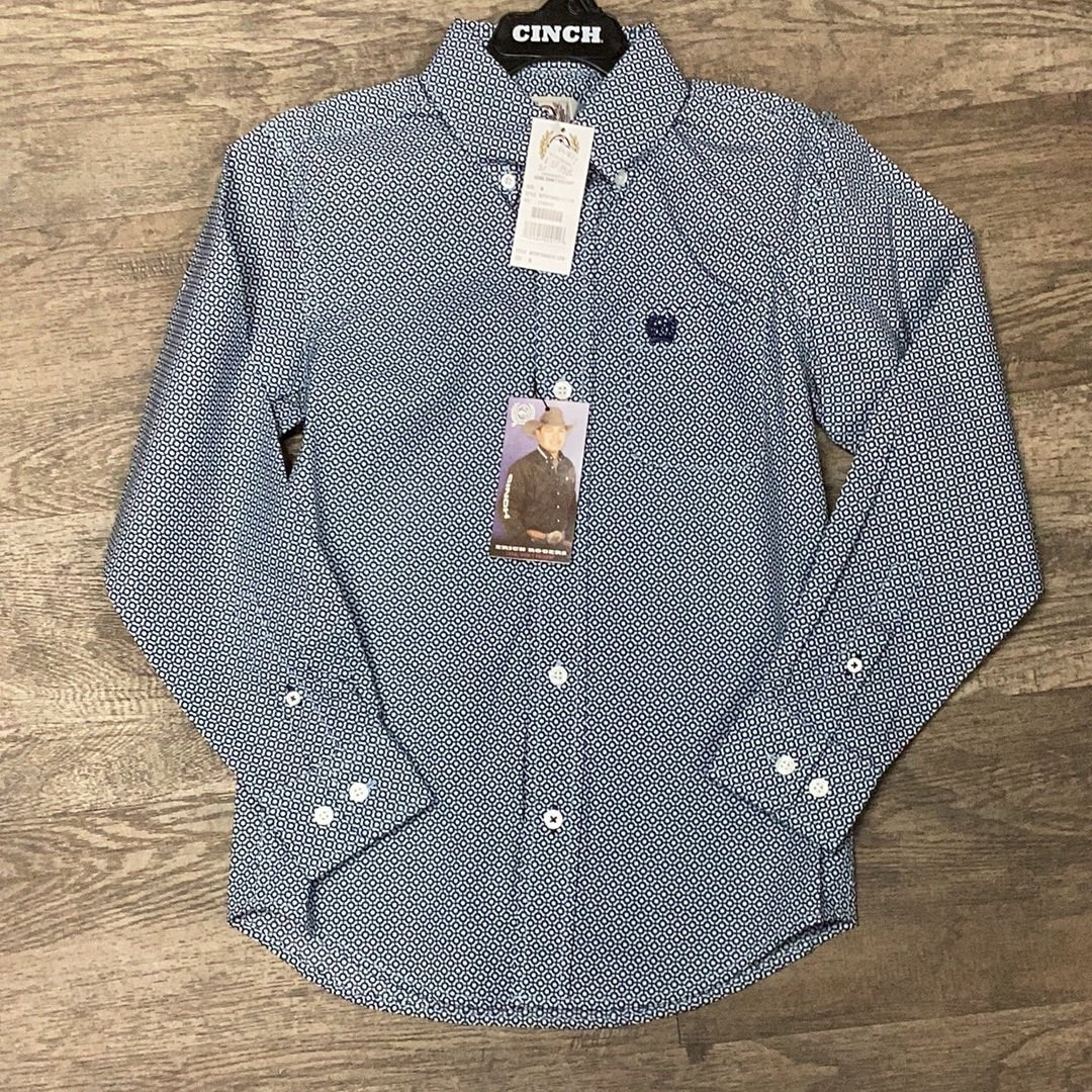 Cinch Boys Long Sleeve Blue Geometric Print Shirt