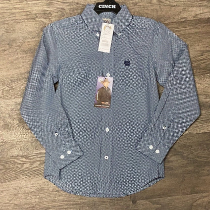 Cinch Boys Long Sleeve Blue Geometric Print Shirt