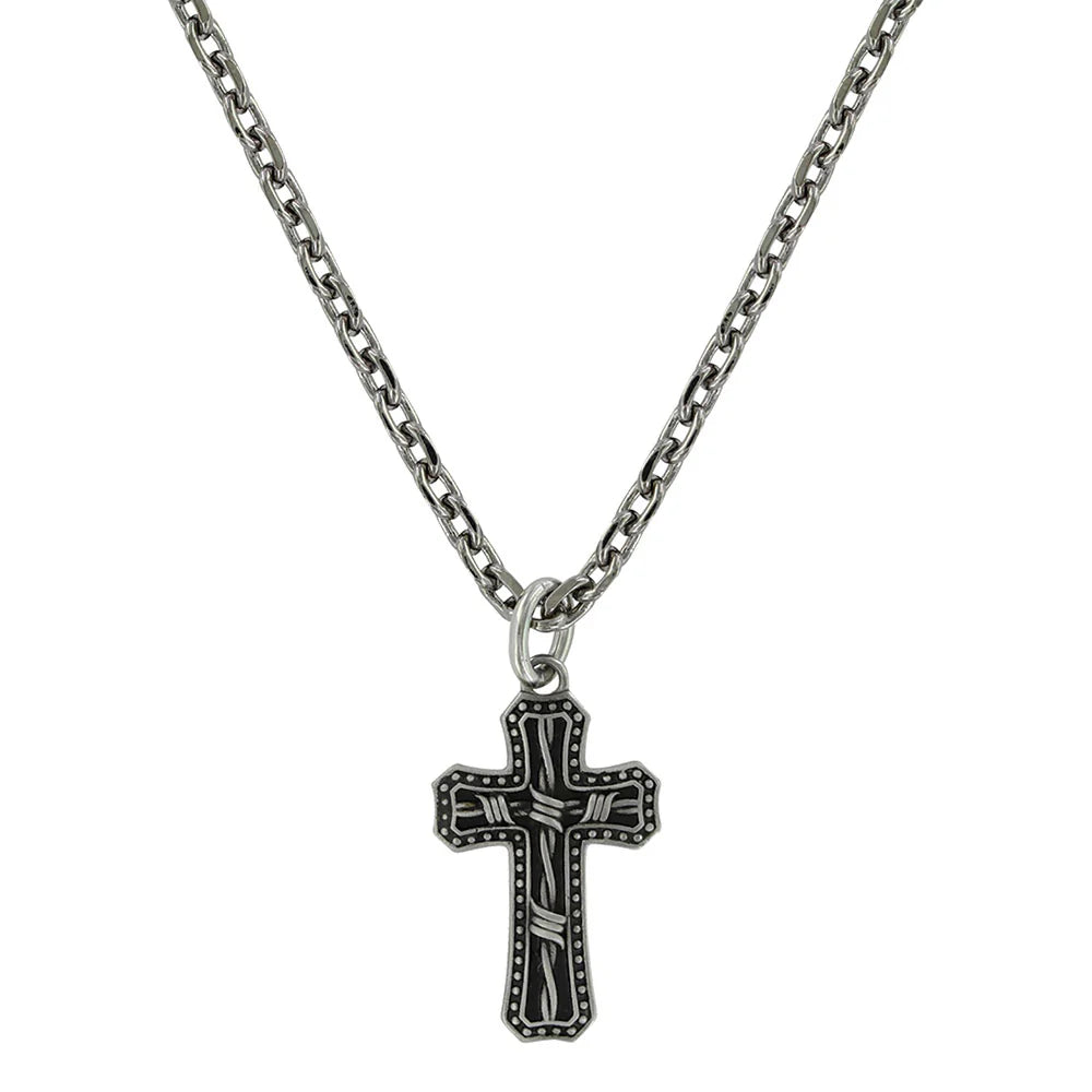 Antiqued Stainless Barbed Wire Cross Necklace NC3848