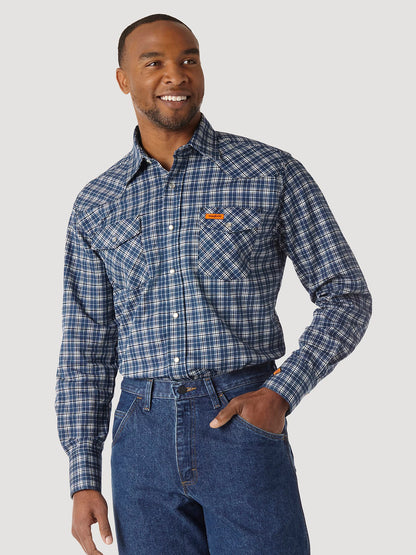 MEN'S WRANGLER® FR FLAME RESISTANT LONG SLEEVE WESTERN SNAP PLAID SHIRT IN BLUE/BLACK