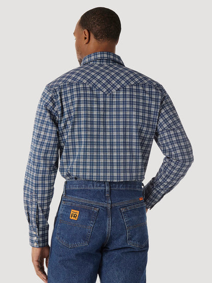 MEN'S WRANGLER® FR FLAME RESISTANT LONG SLEEVE WESTERN SNAP PLAID SHIRT IN BLUE/BLACK