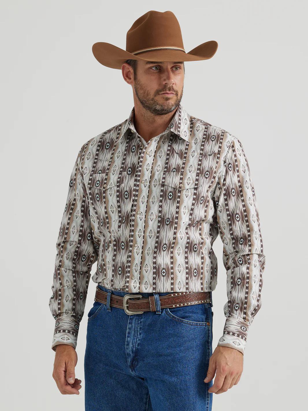 WRANGLER MEN'S BROWN CHECOTAH PRINT WESTERN SHIRT 112346071