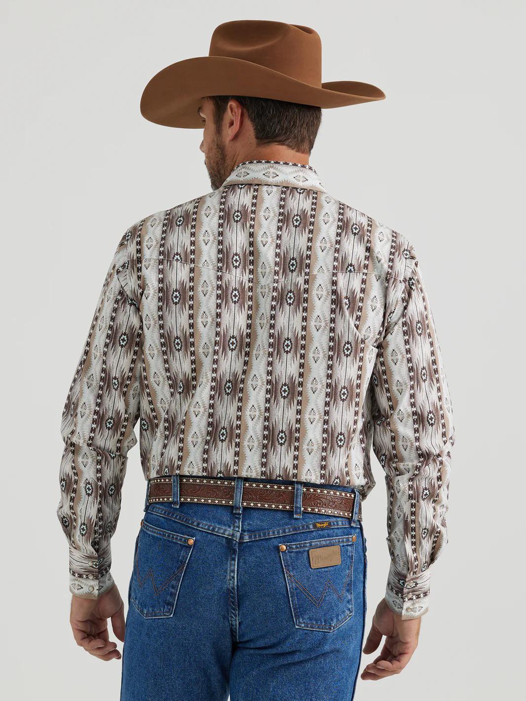 WRANGLER MEN'S BROWN CHECOTAH PRINT WESTERN SHIRT 112346071