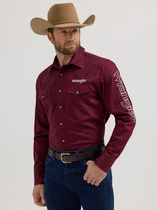 Wrangler Men's Western Logo Classic Fit Wine Red Snap Shirt