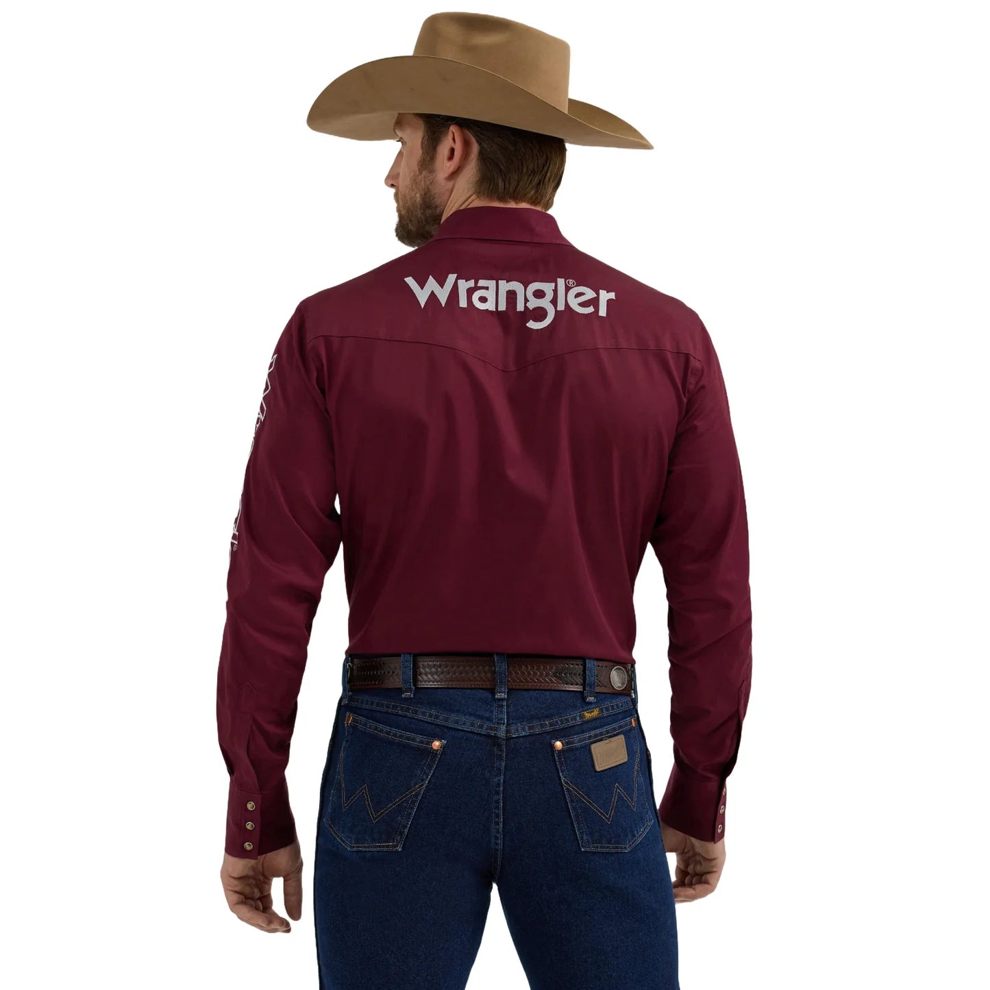 Wrangler Men's Western Logo Classic Fit Wine Red Snap Shirt