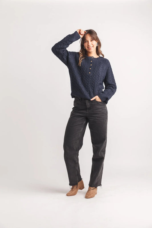 Papillon ST-21229/Navy - Henley Cable Knit Sweater